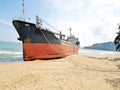 Stranded cargo ship on a deserted beach in Vietnam