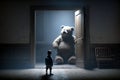 A huge teddy bear stands in the doorway of a little boy\'s room.