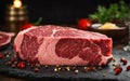 A huge, thick piece of raw, marble, elite veal on a dark background with spices. AI generation.