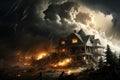 a huge thundercloud with lightning over a burning house. Royalty Free Stock Photo