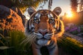 A huge tiger looks at the camera in the jungle. AI Generated