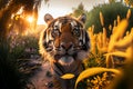 A huge tiger looks at the camera in the jungle. AI Generated