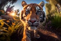 A huge tiger looks at the camera in the jungle. AI Generated