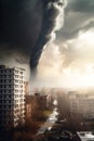 Huge tornado approaching big city. Natural disaster concept.