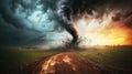 Huge tornado over an agricultural field. A scene of devastation as a tornado engulfs the fields.