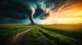 Huge tornado over an agricultural field. A surreal sight of a tornado's impact on agriculture.