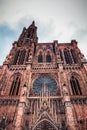 Huge tower and elegant exterior architecture of Notre dam of Strasbourg cathedral in Strasbourg, France