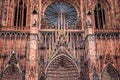 Huge tower and elegant exterior architecture of Notre dam of Strasbourg cathedral in Strasbourg, France