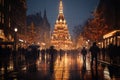 Huge tower illuminated for Christmas on the market square of a modern city. Christmas Market.