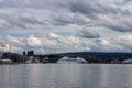 Huge transatlantic boat in a large lake in Oslo, Norway in a cloudy day