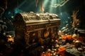 Huge treasure chest sunken at the bottom of the sea, golden coins all around it Royalty Free Stock Photo