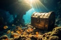 Huge treasure chest sunken at the bottom of the sea, golden coins all around it Royalty Free Stock Photo