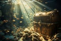 Huge treasure chest sunken at the bottom of the sea, golden coins all around it Royalty Free Stock Photo