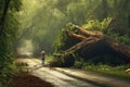 huge tree fallen across a road during a hurricane