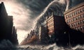 Huge tsunami destroying a city. Dramatic scenery with a big wave flooding the lanscape. Natural disaster concept art