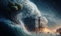 Huge tsunami destroying a city. Dramatic scenery with a big wave flooding the lanscape. Natural disaster concept art