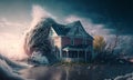 Huge tsunami destroying a house. Dramatic scenery with a big wave flooding the lanscape. Natural disaster concept art. Generative