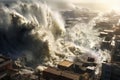 Huge Tsunami wave hitting shore with buildings Royalty Free Stock Photo