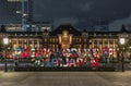 Huge typography monument where is inscribed RUGBY WORLD CUP 2019 JAPAN in front of the Tokyo Station at night