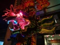 The huge unburned joss stick light up the night scene outside the house.