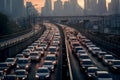 a huge urban traffic jam of cars idling in smog and polluting the air with exhaust emissions,the concept of automotive transport