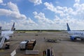 Huge vehicle pushing back a airplane United Airlines in airport Houston TX USA Royalty Free Stock Photo