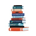 Huge vertical stack of academic and entertainment books with colorful covers vector flat cartoon illustration. Pile of