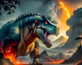 Huge vicious angry roaring dinosaur with chaotic background