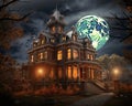 huge victorian house of terror has a full moon in the dark. Royalty Free Stock Photo