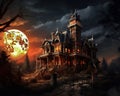 huge victorian house of terror has a full moon in the dark. Royalty Free Stock Photo