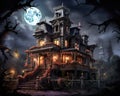huge victorian house of terror has a full moon. Royalty Free Stock Photo
