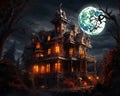 huge victorian house of terror has a full moon. Royalty Free Stock Photo