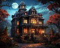 huge victorian house of terror has a full moon. Royalty Free Stock Photo