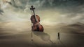 A huge Violin In Desert ,and girl with red scarf, Walpaper, Fantasy