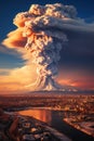 Huge volcano spews ash and lava at sunset, vertical.