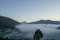 The huge wall of mist nearby village on foothill