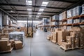 A huge warehouse filled with neatly stacked boxes. Interior of a modern warehouse. Large space for storing and moving goods.