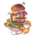 Huge watercolor burger with idaho potatoes as a garnish