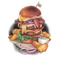 Huge watercolor burger with idaho potatoes as a garnish