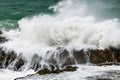 Huge wave crashing rocky coastline in Hermanus Royalty Free Stock Photo