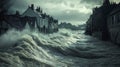 A huge wave washes over a city street, deluging the vicinity. Royalty Free Stock Photo
