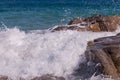 Huge waves crash against the rocks at Fenals Beach in Lloret de Mar. Catalonia