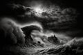 Huge waves and stormy, dark skies over the ocean