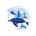 Huge Whale and Other Marine Creatures Floating in Sea Bottom Vector Illustration Royalty Free Stock Photo