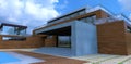 A huge white cloud against the blue sky is approaching a modern wooden house with a swimming pool. Designer concrete porch. 3d Royalty Free Stock Photo