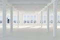 Huge white empty room with large Windows overlooking the metropolis, columns and beams in the loft style. Royalty Free Stock Photo