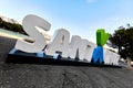 Huge white letters welcome sign to Santa Cruz de Tenerife resort city, spanish place for vacationers. Canary Islands