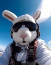 Huge white rabbit in sunglasses and harness from parachute. Bunny taking selfie with blue skies at backdrop. Generative AI