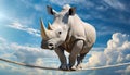 White Rhino Walks on a Rope against a Blue sky with Clouds - Generative Ai Royalty Free Stock Photo