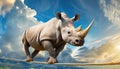 White Rhino Walks on a Rope against a Blue sky with Clouds - Generative Ai Royalty Free Stock Photo